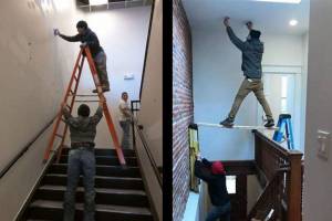 People using ladders and other equipment in an unsafe way.